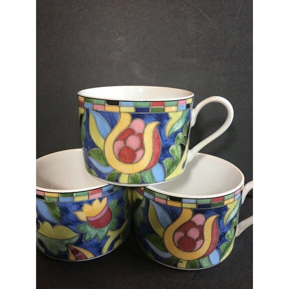 Set 3 Fantasia Cups Mosaic Stoneware PTS Int’l Interiors Teacup Blue Pink Floral - Picture 5 of 7